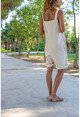 Womens Stone Half-Pleated Pocketed Double Leg Strap Linen Shorts Jumpsuit Rsd3030