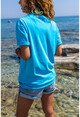 Kadın Turkuaz Renkli Baskılı Oversize T-Shirt Dv2