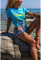 Kadın Turkuaz Renkli Baskılı Oversize T-Shirt Dv2