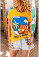 Kadın Turuncu Ayı Baskılı Oversize T-Shirt Pn34
