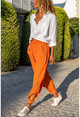Womens Orange Waist Elastic Waist Buttoned Mesh Linen Shalwar Trousers Rsd3038