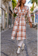 Womens Orange Plaid Pocket Self Belt Thick Jacket GK-BST3179