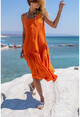 Womens Orange Scalloped Halter Skirt Pleated Loose Dress Rsd3036