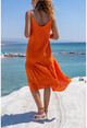 Womens Orange Scalloped Halter Skirt Pleated Loose Dress Rsd3036