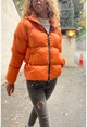 Kadın Turuncu Kapüşonlu Fermuarlı Beli Ayarlanabilir Cepli Şişme Mont Fsh1