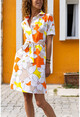 Womens Orange Half-Pleat Patterned Self Belt Poplin Dress Bst3226