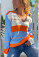 Kadın Turuncu-Mavi V Yaka Color Block Salaş Kazak Cck1705