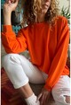 Kadın Turuncu O Yaka İki İplik Salaş Basic Sweatshirt Vl2