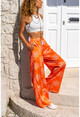 Womens Orange Satin Ethnic Patterned Elastic Waist Loose Trousers Bst3243