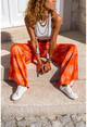 Womens Orange Satin Ethnic Patterned Elastic Waist Loose Trousers Bst3243