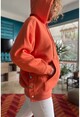 Kadın Turuncu Yanı Çıtçıtlı Kanguru Cepli Kapüşonlu Üç İplik Sweatshirt Zm1
