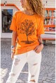 Kadın Turuncu Yıkamalı Fileli Baskılı Salaş T-Shirt RSD3008
