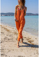 Womens Orange Washed Linen Pocket Loose Rompers Gk-Rsd3012