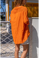 Kadın Turuncu Yıkamalı Keten File Detaylı Yarım Patlı Bluz Gk-Rsd3000