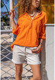 Womens Orange Washed Linen Mesh Detailed Half-Pleat Blouse Gk-Rsd3000