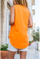 Womens Orange Washed Linen Embroidered Pocket Half Pat Sleeveless Blouse Rsd2042