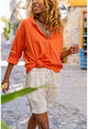Kadın Turuncu Yıkamalı Keten Tek Cep Yarım Patlı Bluz Rsd2070