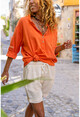 Womens Orange Washed Linen Single Pocket Half Pop Blouse Rsd2070