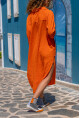 Kadın Turuncu Yıkamalı Keten Yarım Patlı Cepli Elbise Gk-Rsd2083