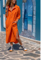 Kadın Turuncu Yıkamalı Keten Yarım Patlı Cepli Elbise Gk-Rsd2083