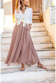 Womens Mink Lined Crepe Oversized Skirt With Front Slit Elastic Waist Pocket BST3223