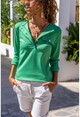 Kadın Yeşil Apoletli Yarım Patlı Kaşkorse Bluz Bst3283