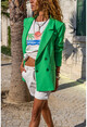 Womens Green Lined Buttoned Boyfriend Long Jacket BST3701