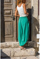 Womens Green Waist Elastic Waist Buttoned Mesh Linen Shalwar Trousers Rsd3038