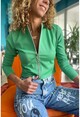 Kadın Yeşil Fermuarlı Kaşkorse Likralı Crop Bluz Bst3323