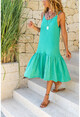 Womens Green Scalloped Halter Skirt Pleated Loose Dress Rsd3036