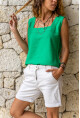 Kadın Yeşil Kare Yaka Keten Bluz Gk-Bst2911