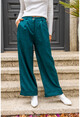 Kadın Yeşil Kendinden Dokulu Duble Paça Piliseli Bol Kesim Pantolon Bst3309