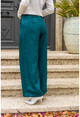 Kadın Yeşil Kendinden Dokulu Duble Paça Piliseli Bol Kesim Pantolon Bst3309
