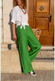 Womens Green Linen Waist Elastic Loose Trousers Bst2933