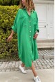 Kadın Yeşil Keten Yarasa Kol Salaş Cepli Gömlek Elbise Bst3282