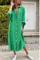 Kadın Yeşil Keten Yarasa Kol Salaş Cepli Gömlek Elbise Bst3282