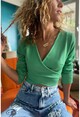 Kadın Yeşil Kruvaze Kaşkorse Likralı Crop Bluz Bst3324