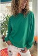 Kadın Yeşil O Yaka İki İplik Salaş Basic Sweatshirt Vl2