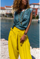 Kadın Yeşil Önü İpek Tek Cepli İşleme Detaylı Salaş Bluz Rsd3016