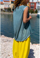 Kadın Yeşil Önü İpek Tek Cepli İşleme Detaylı Salaş Bluz Rsd3016