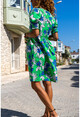Kadın Yeşil Öpücük Yaka Karpuz Kol Cepli Poplin Elbise Bst3228