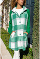 Kadın Yeşil Raglan Kol Cepli Düğmeli Ekose Garnili Ceket GK-BST3193