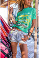 Kadın Yeşil Renkli Baskılı Oversize T-Shirt Dv2