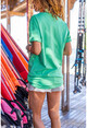 Kadın Yeşil Renkli Baskılı Oversize T-Shirt Dv2