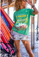 Womens Green Color Printed Oversize T-Shirt Dv2