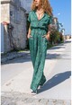 Womens Green Satin Waist Elastic Waist Pocket Wide Leg Jumpsuit BST3235