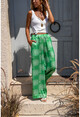 Womens Green Satin Ethnic Patterned Elastic Waist Loose Trousers Bst3243