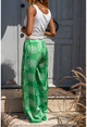 Kadın Yeşil Saten Etnik Desenli Beli Lastikli Salaş Pantolon Bst3243