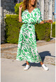 Kadın Yeşil Saten V Yaka Beli Büzgülü Kemerli Salaş Elbise BST3246