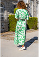 Kadın Yeşil Saten V Yaka Beli Büzgülü Kemerli Salaş Elbise BST3246